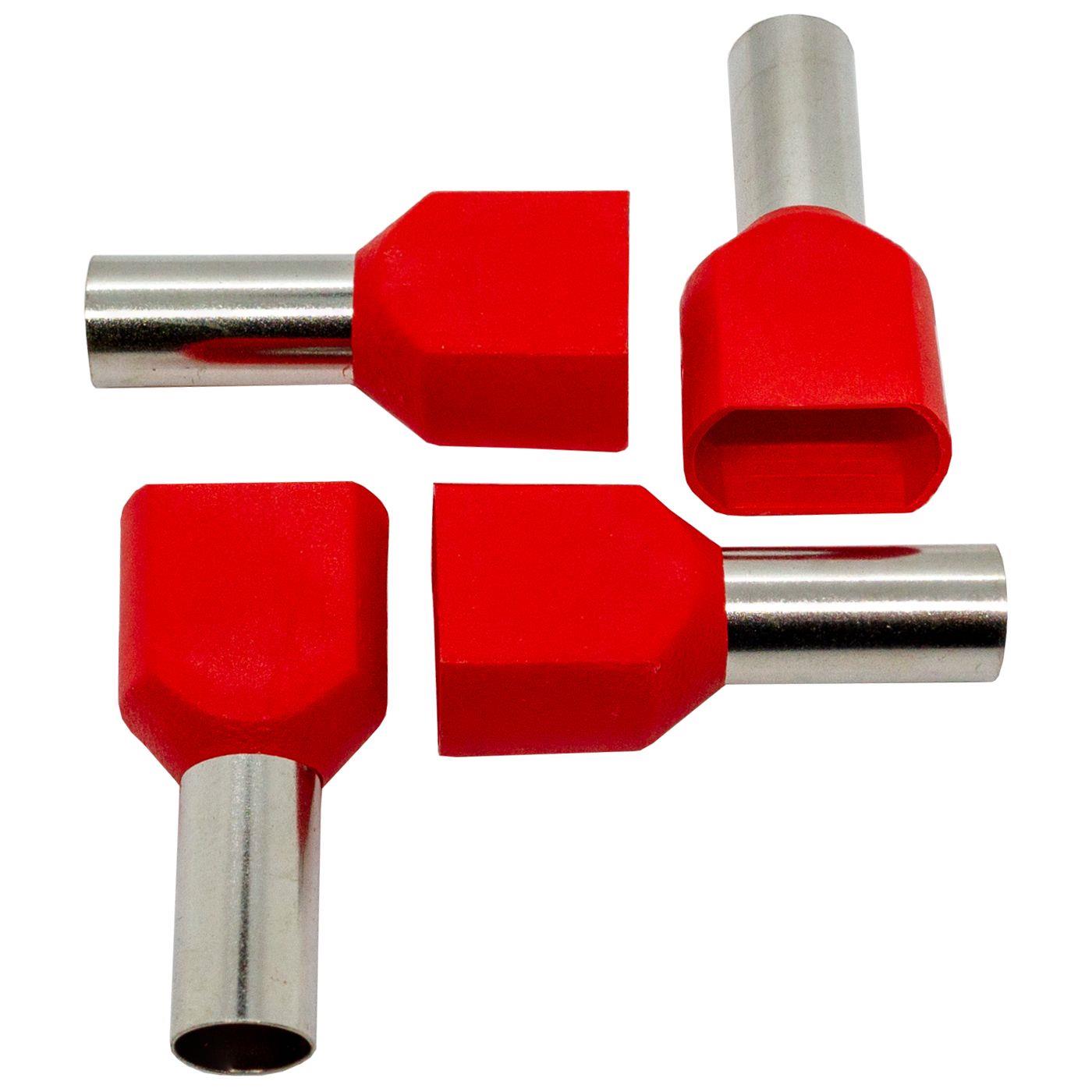 100x Twin Aderendhülse isoliert 2x 10mm² Rot Kupfer verzinnt 6,8x14mm Hülse