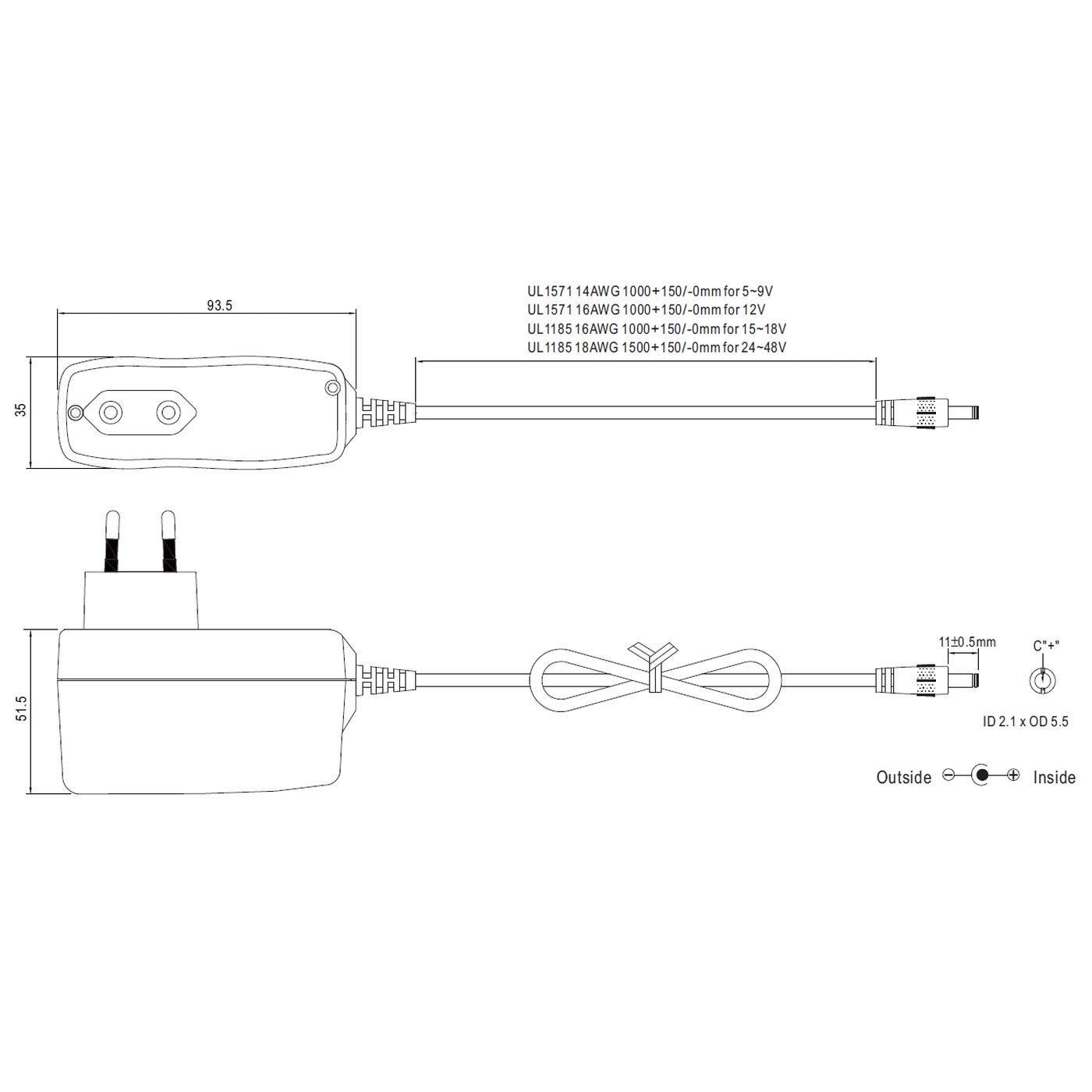 SGA60E24-P1J 60W 24V 2,5A Steckernetzteil Kabel 150cm + DC Stecker (2,1/5,5mm) AC DC Adpater